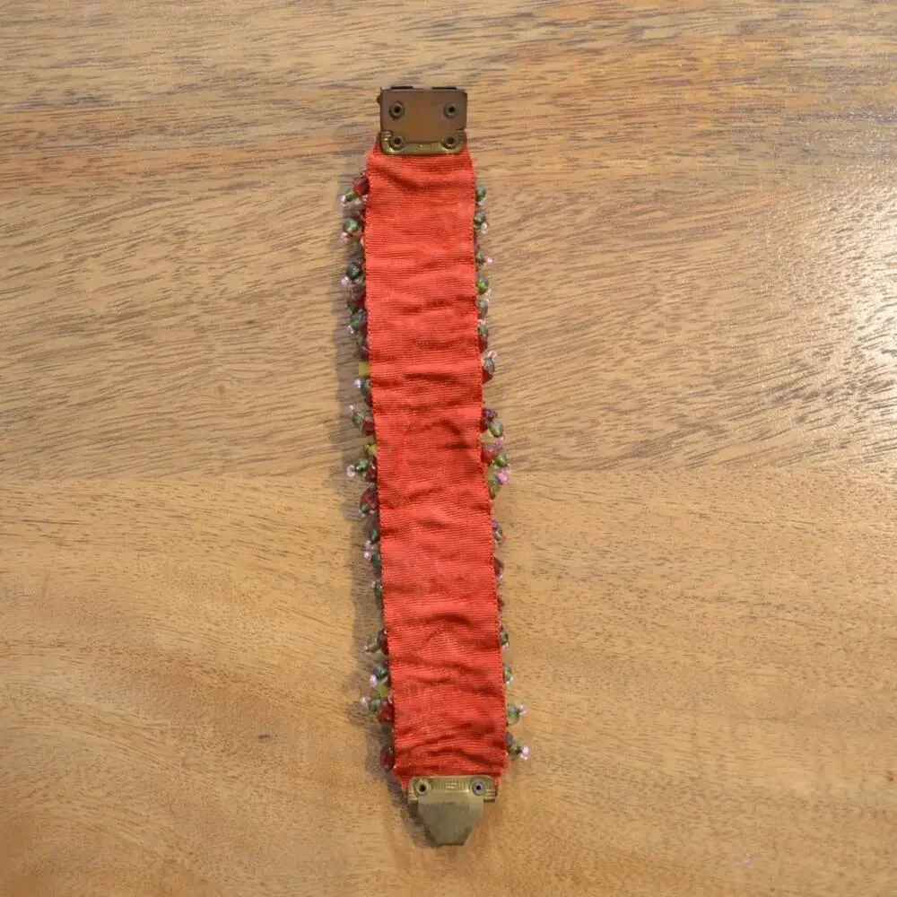 Mille Fleur Victorian Revival Beads Encrusted Ribbon Bracelet Red Base